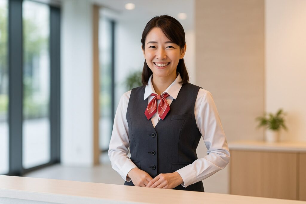来客を迎える女性受付係